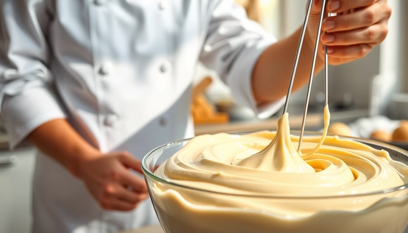 Mousseline wordt bereid door een professionele patissier in een moderne keuken.