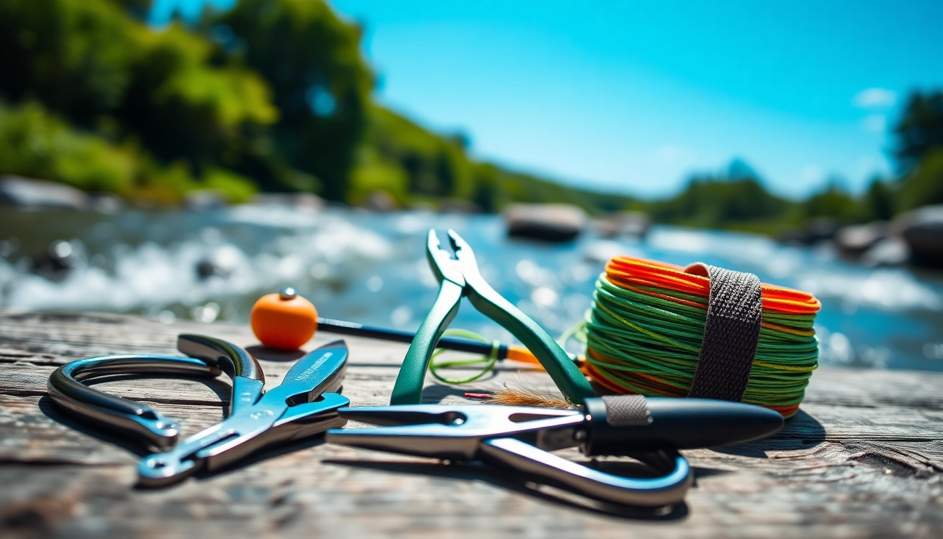 Showcase of fly fishing accessories on a wooden table in a river setting, emphasizing key tools.